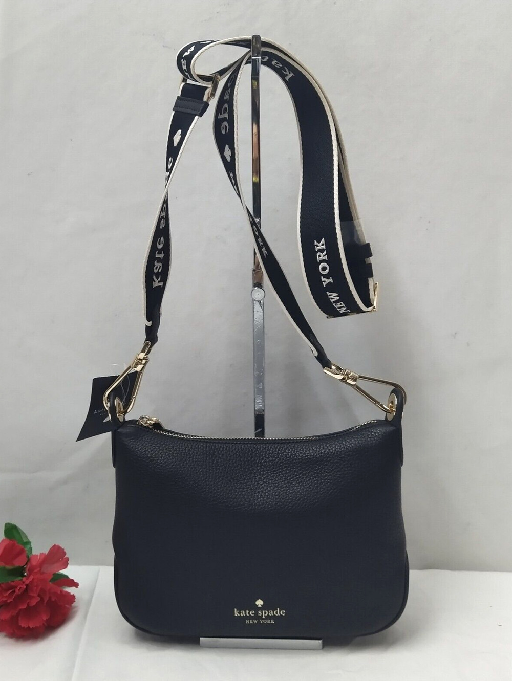 Kate Spade Rosie Black Pebbled Leather Logo Strap Zipper Crossbody Bag -NWT $349